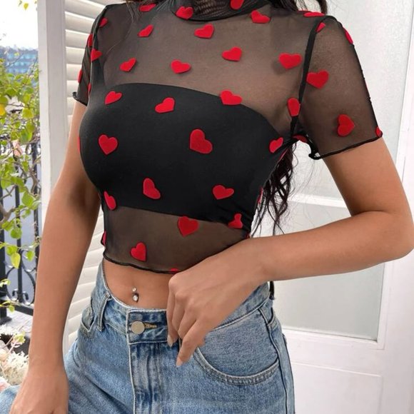 Heart Print Mock Neck Crop Mesh Top Without Bra - Picture 2 of 4
